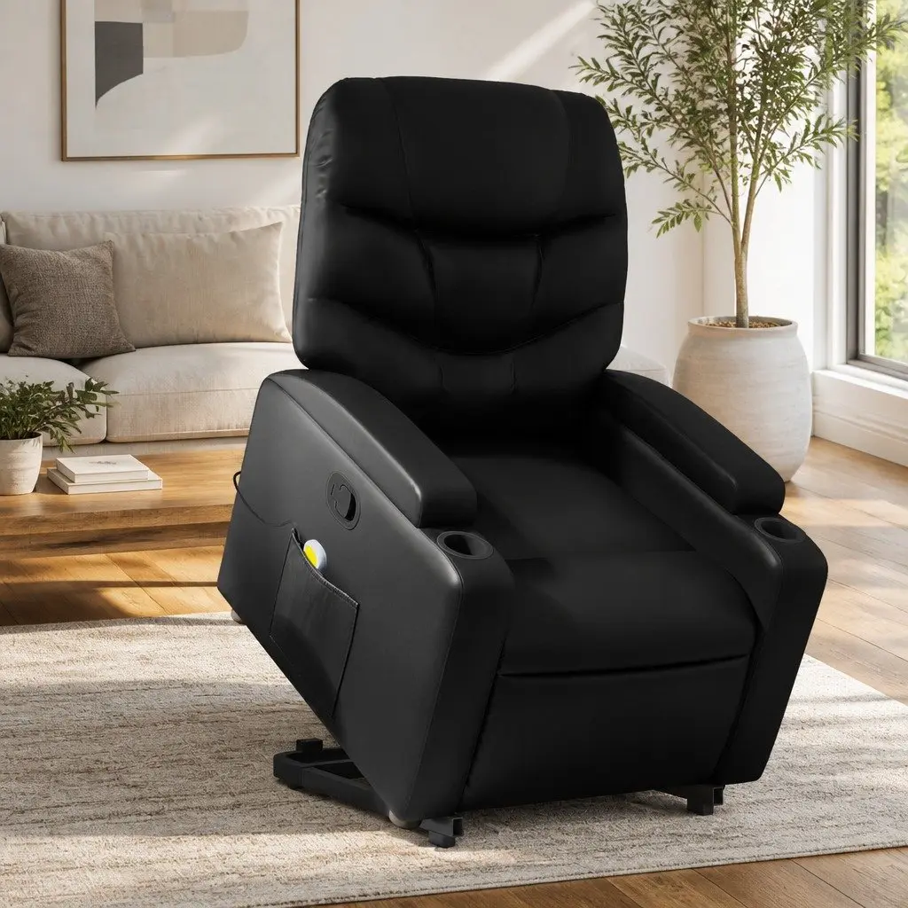 Stand Up Massage Recliner Chair Black Faux Leather Power Lift Electric Armchair