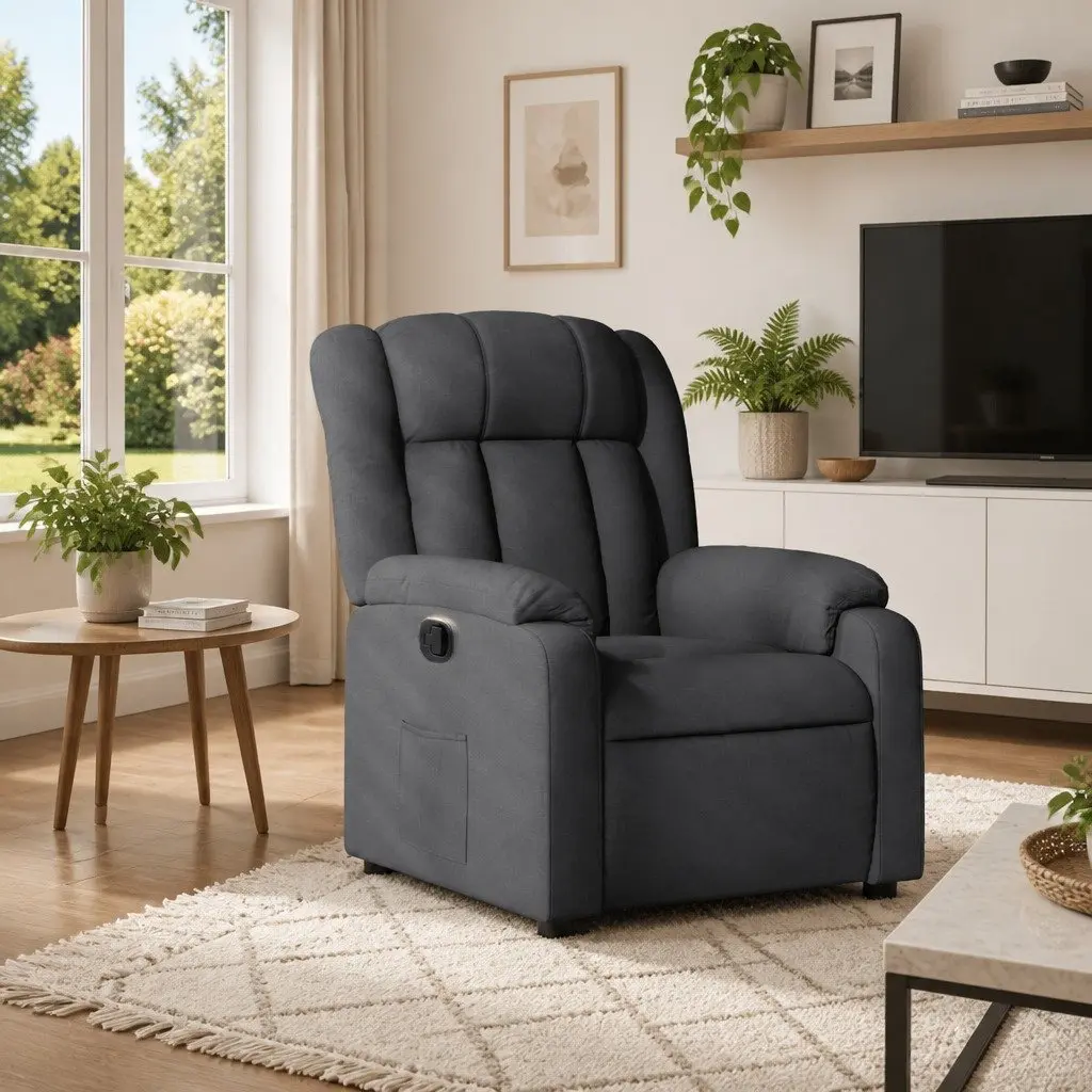 Manual Recliner Armchair Grey Fabric Padded Seat Durable Wood and Metal Frame Adjustable Backrest and Footrest Side Pocket