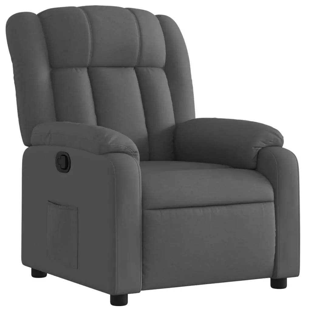Manual Recliner Armchair Grey Fabric Padded Seat Durable Wood and Metal Frame Adjustable Backrest and Footrest Side Pocket