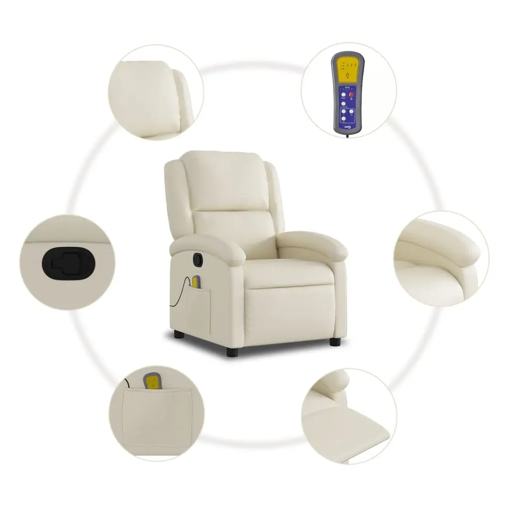 Massage Recliner Chair Cream Faux Leather Manual Recline Vibration 6-Point