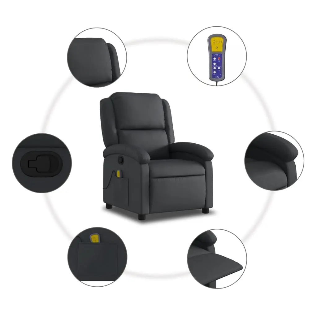 Massage Recliner Chair Real Leather Black Manual Reclining 6 Vibration Points
