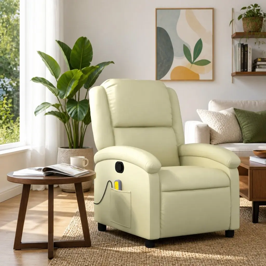 Massage Recliner Chair Manual Recline Real Leather 6 Points Vibration Cream