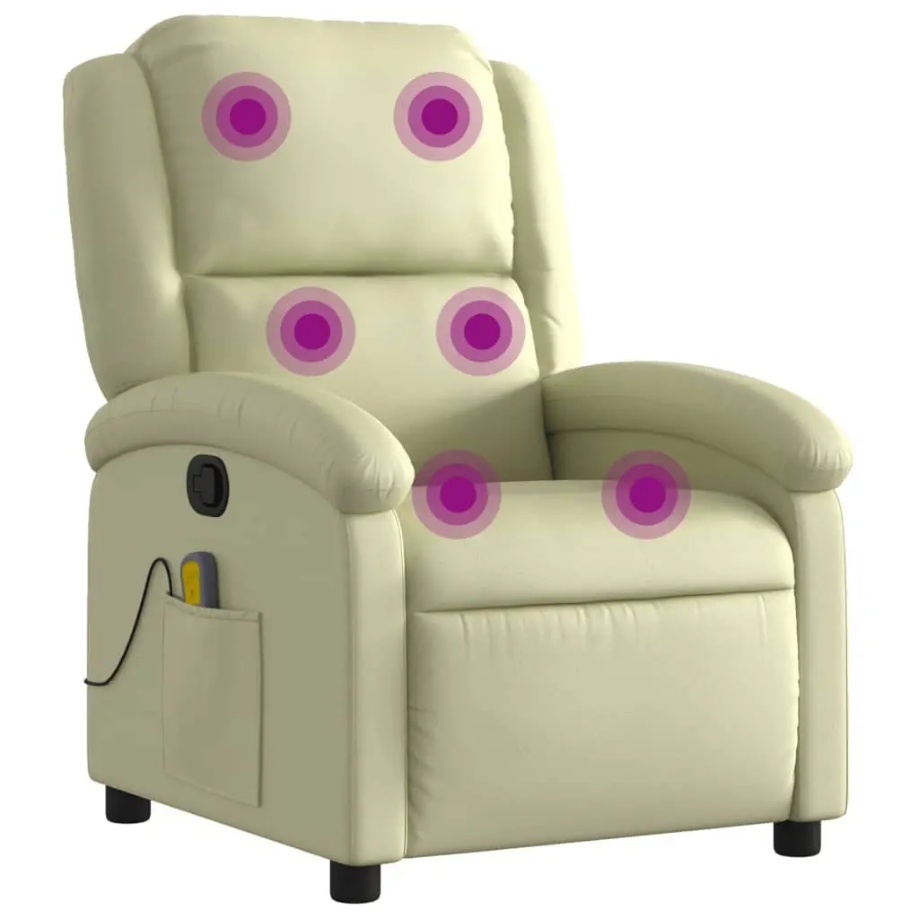 Massage Recliner Chair Manual Recline Real Leather 6 Points Vibration Cream