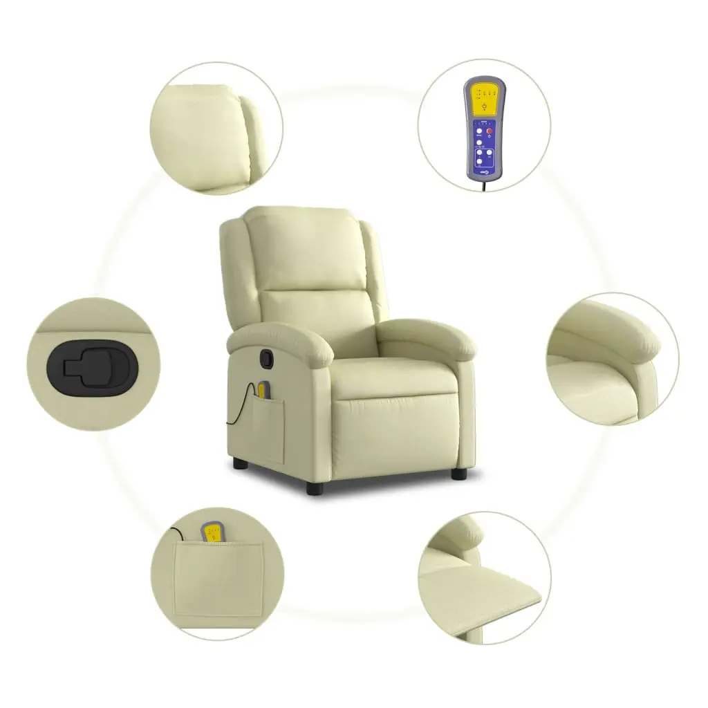 Massage Recliner Chair Manual Recline Real Leather 6 Points Vibration Cream
