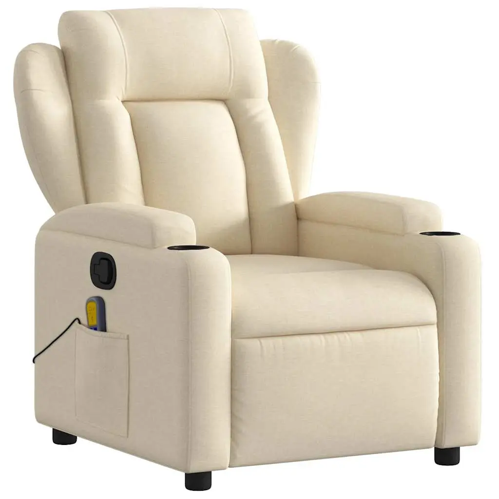 Massage Recliner Chair Cream Fabric Manual Recline Vibration Massage Armchair with Cup Holders