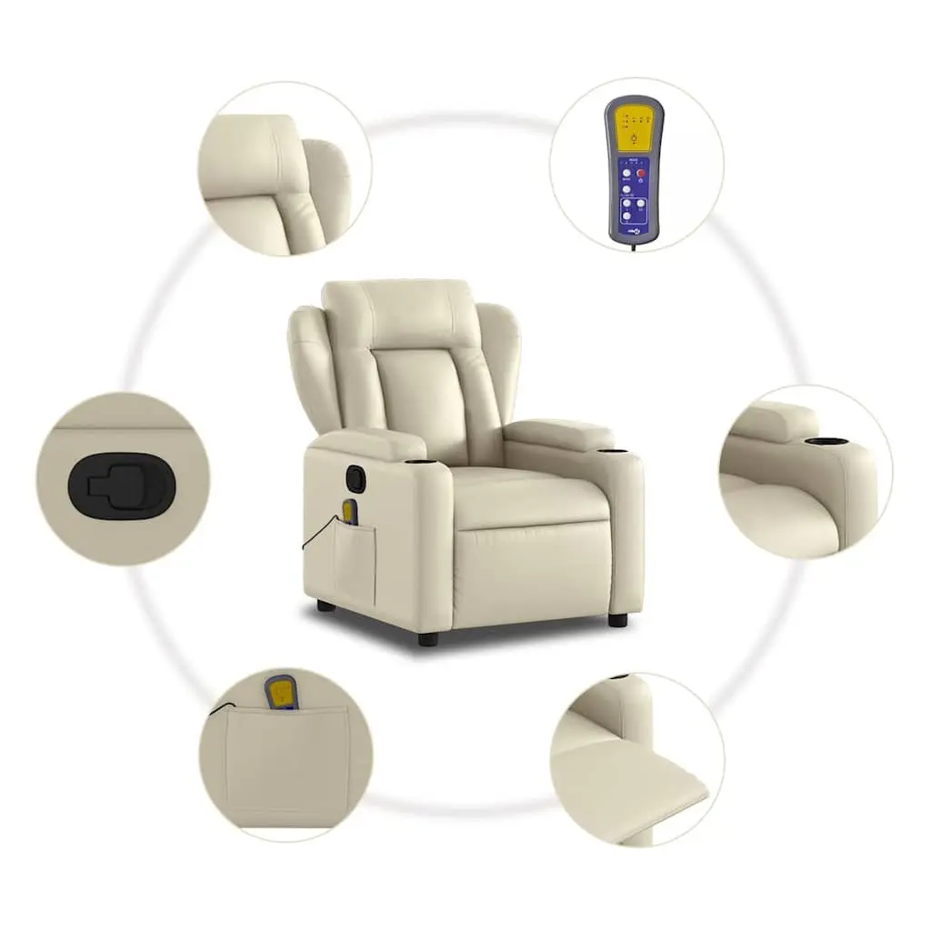 Massage Recliner Chair Faux Leather Cream Manual Recline Adjustable Footrest 135 Degrees Vibration Massage