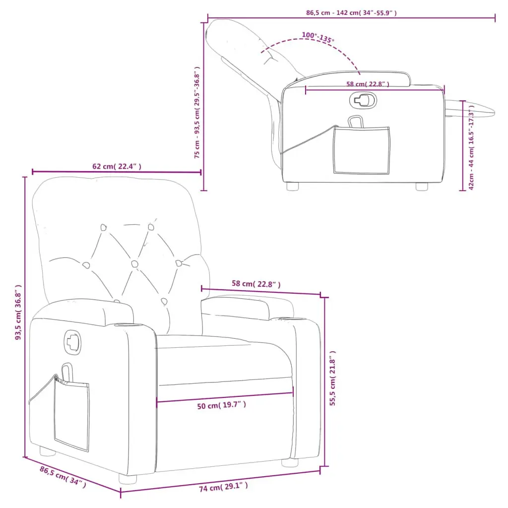 Reclining Chair Fabric Grey Manual Armchair Vibration Massage Points 135 Degrees Tilt