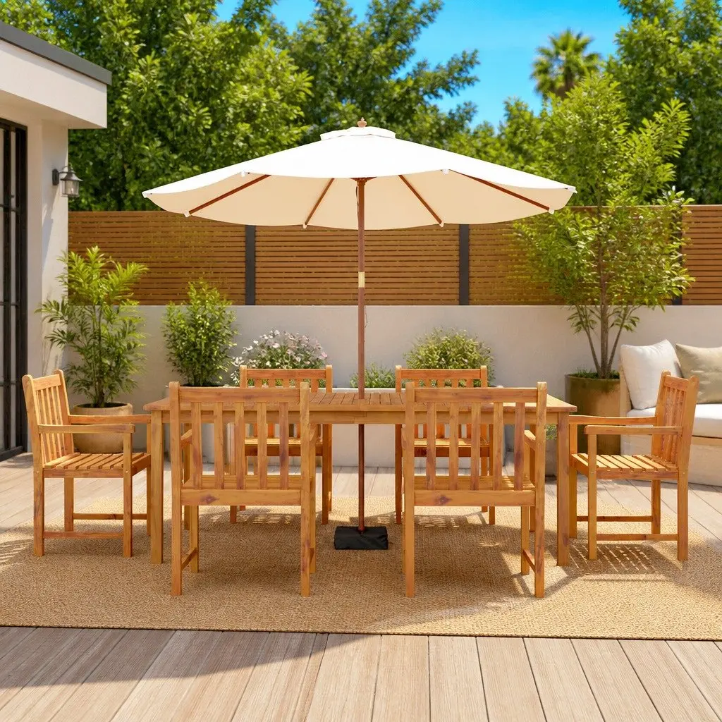 7 Piece Outdoor Dining Set Brown Solid Acacia Wood Patio Furniture