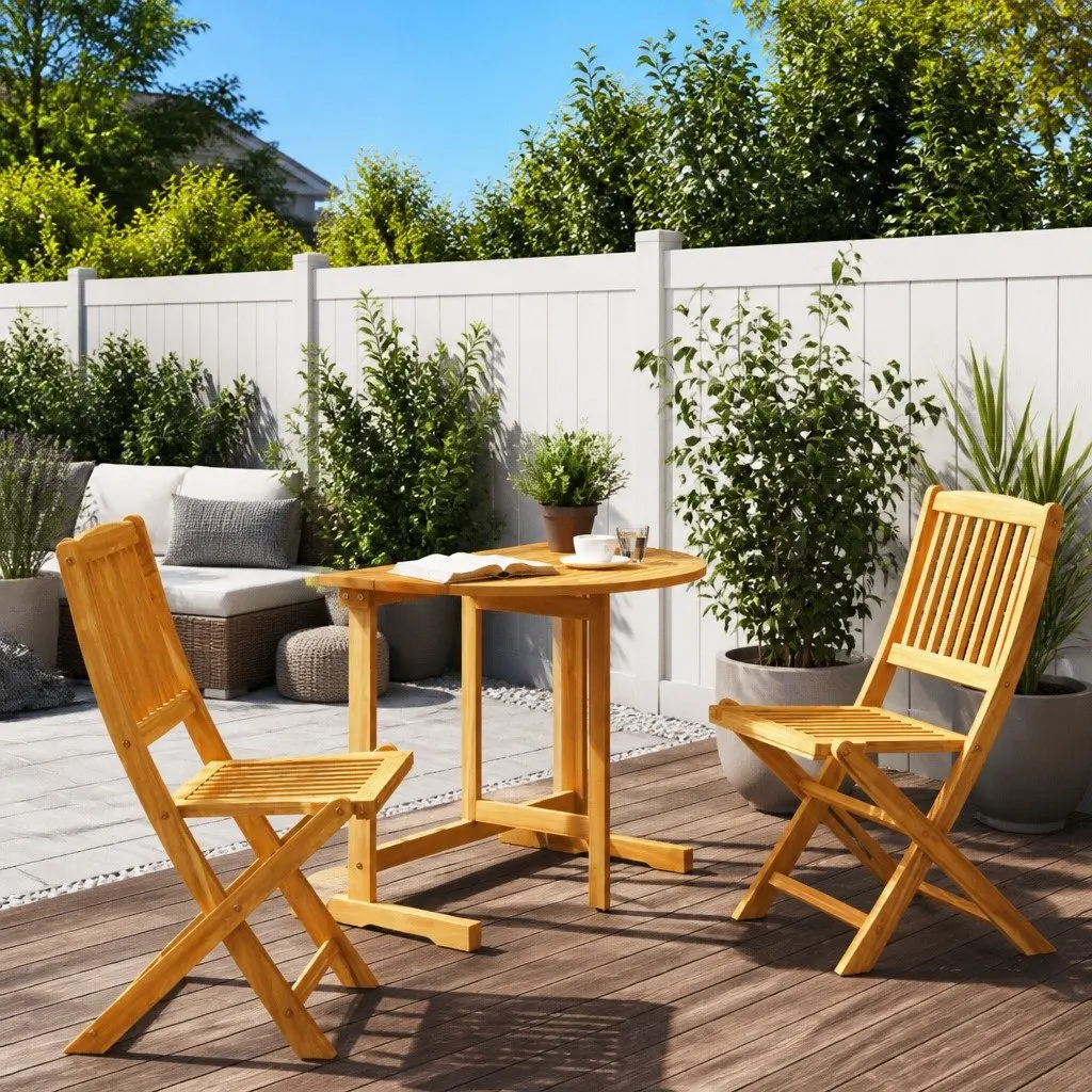 Folding Bistro Set 3 Piece Solid Acacia Wood Outdoor Dining Table and Chairs Brown