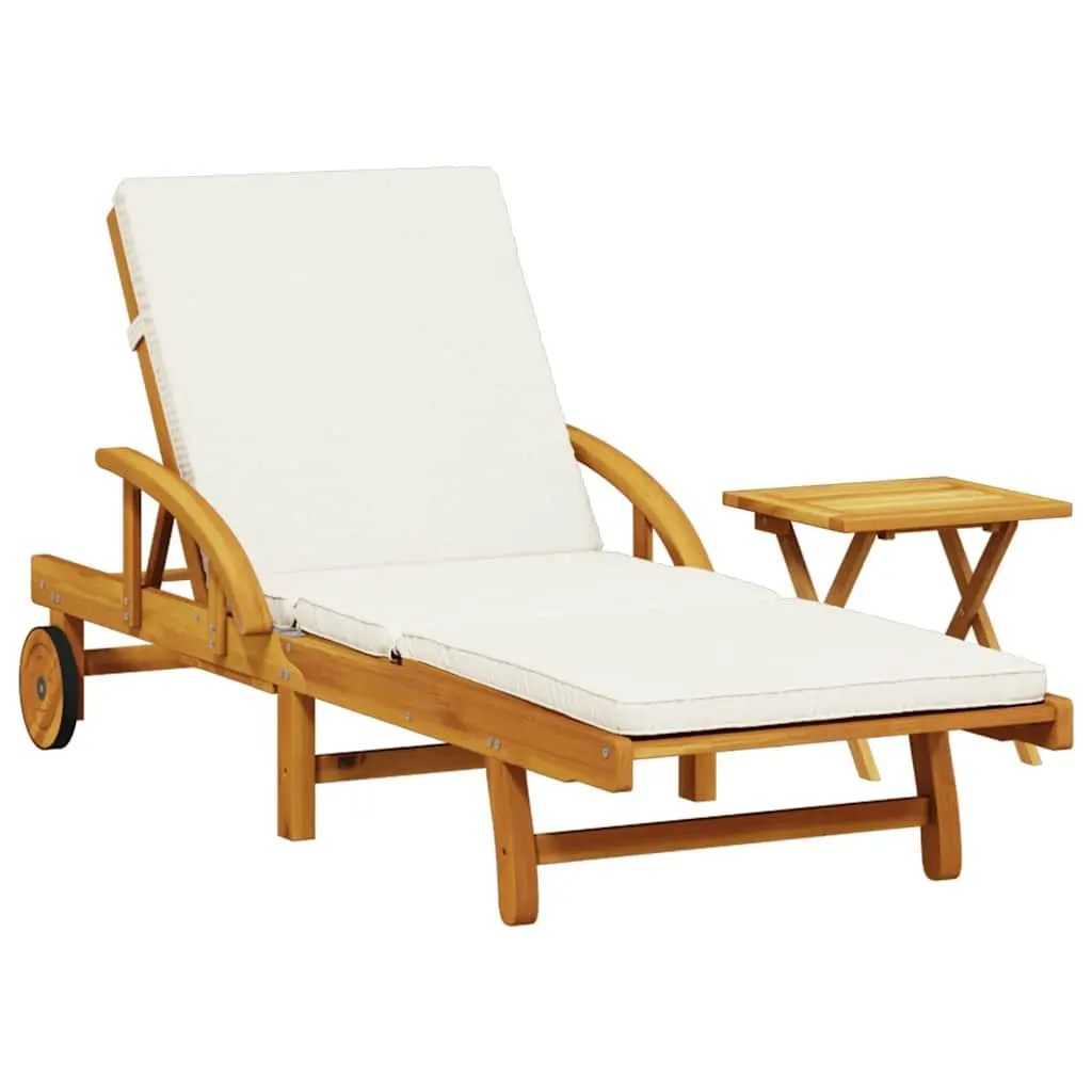 Sun Lounger Solid Acacia Wood 5-Position Reclining Brown with Cushion Pull-Out Table