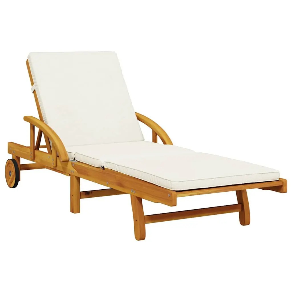 Sun Lounger Solid Acacia Wood 5-Position Reclining Brown with Cushion Pull-Out Table