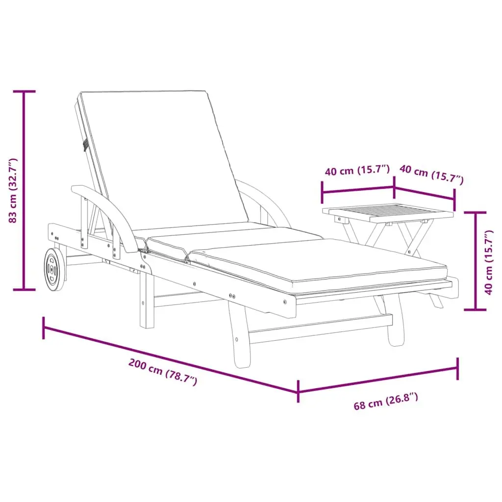 Sun Lounger Solid Acacia Wood 5-Position Reclining Brown with Cushion Pull-Out Table