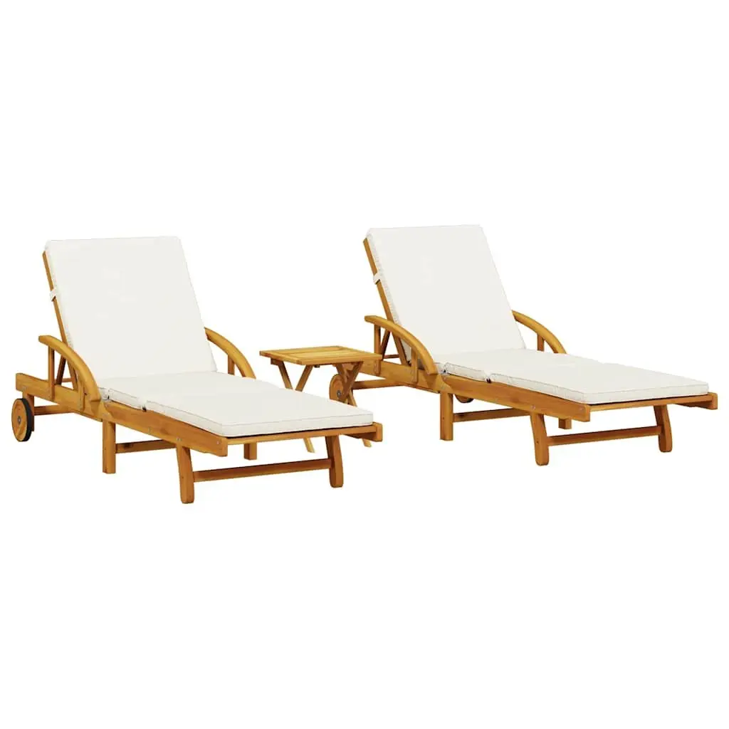 Sun Loungers Set 2 pcs with Pull Out Table Solid Wood Acacia Reclining Outdoor