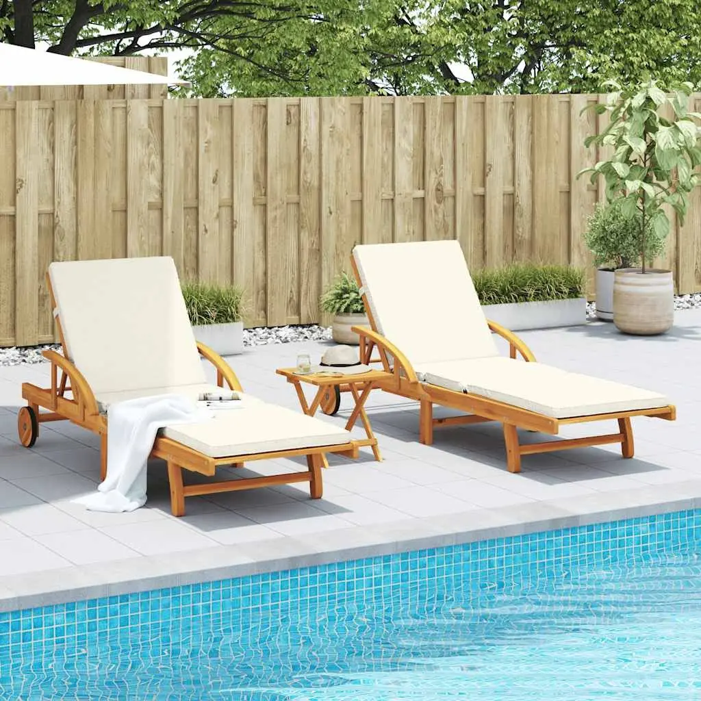 Sun Loungers Set 2 pcs with Pull Out Table Solid Wood Acacia Reclining Outdoor