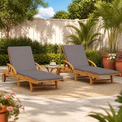 Sun Loungers Set 2 pcs with Pull-Out Table Solid Acacia Wood Outdoor Furniture