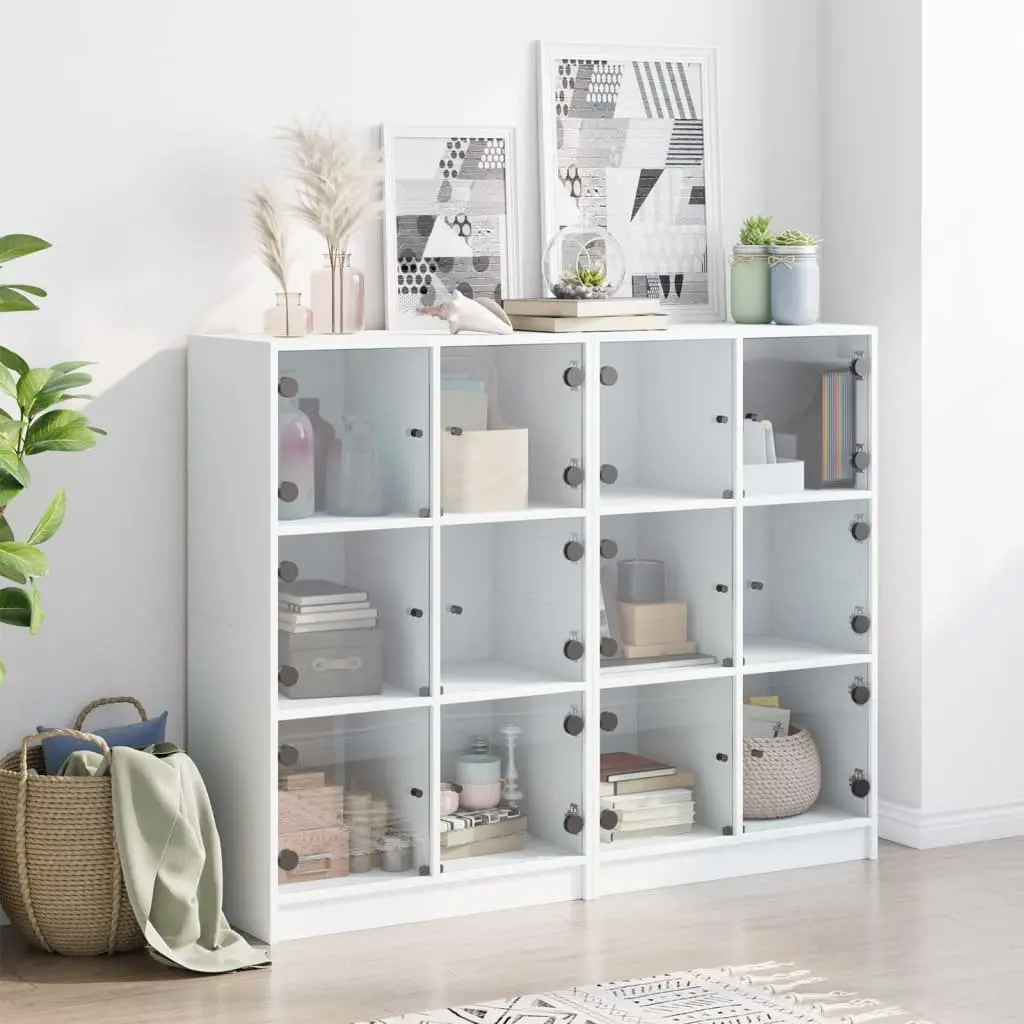 Bookcase Engineered Wood 136L x 37W x 109H cm White with Glass Doors