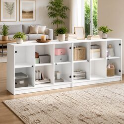 Versatile White Bookcase with Glass Doors for Home 204x37x75cm
