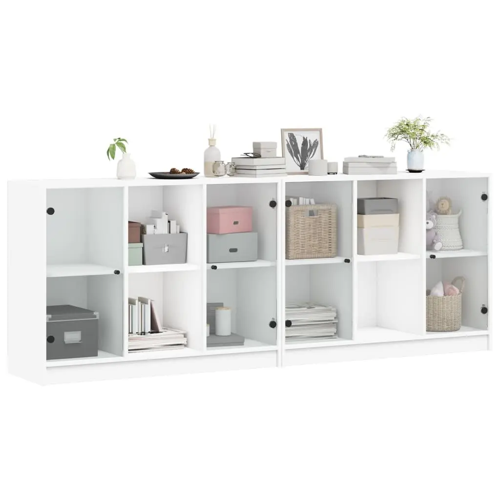 Bookcase Engineered Wood Glass Doors 204x37x75cm White Modern Shelving Unit