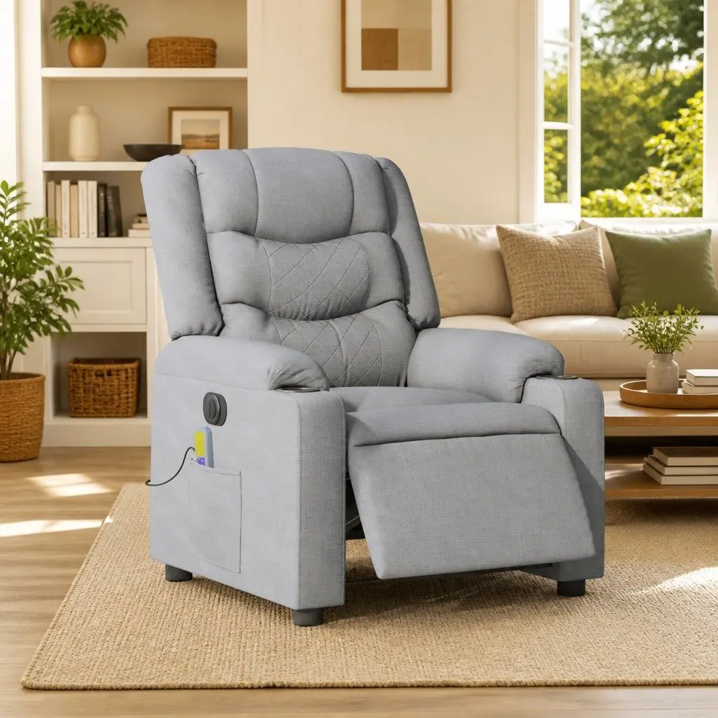 Electric Recliner Chair Adjustable Grey Fabric Vibration Massage Armchair