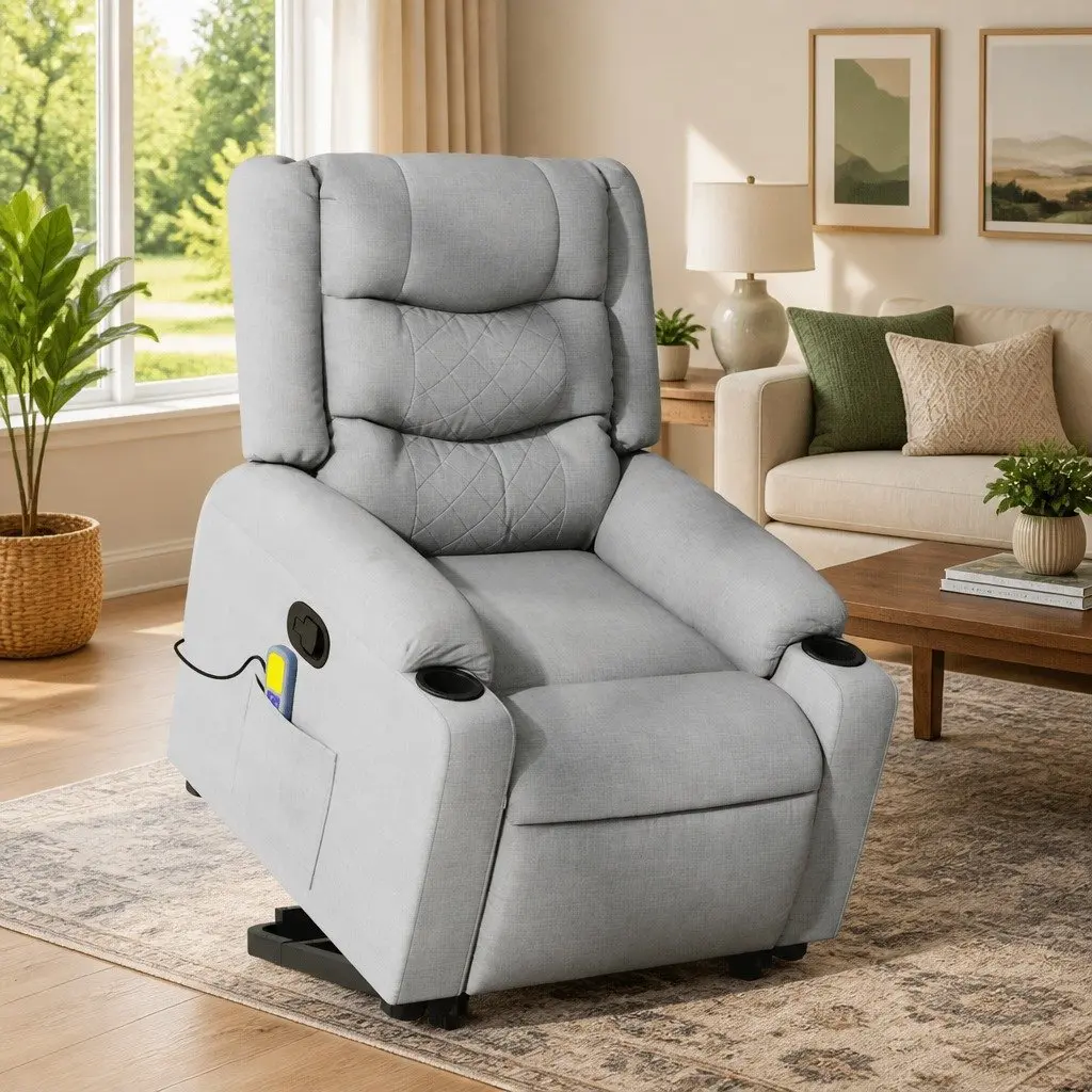 Massage Recliner Chair Fabric Power Lift Function Manual Recline Grey