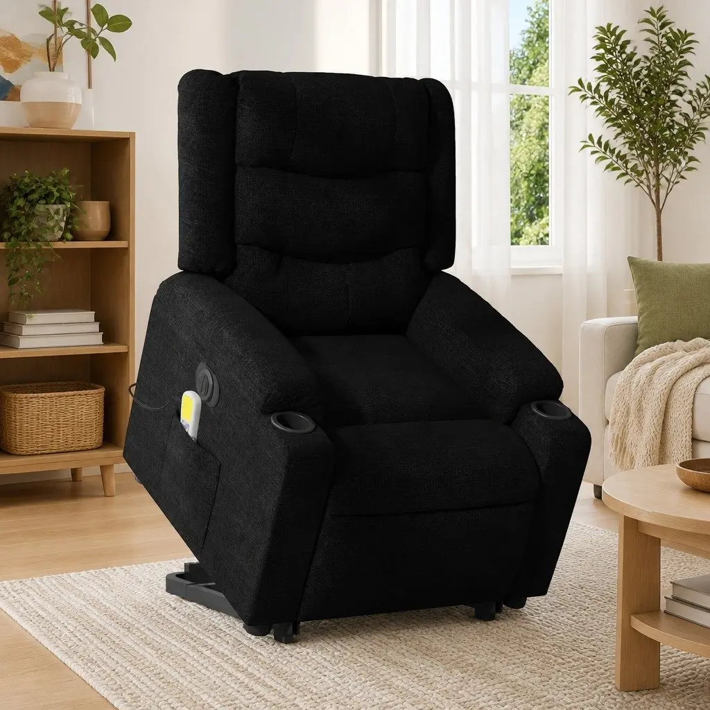 Electric Massage Recliner Chair Lift Function Black Fabric for Elderly Comfort