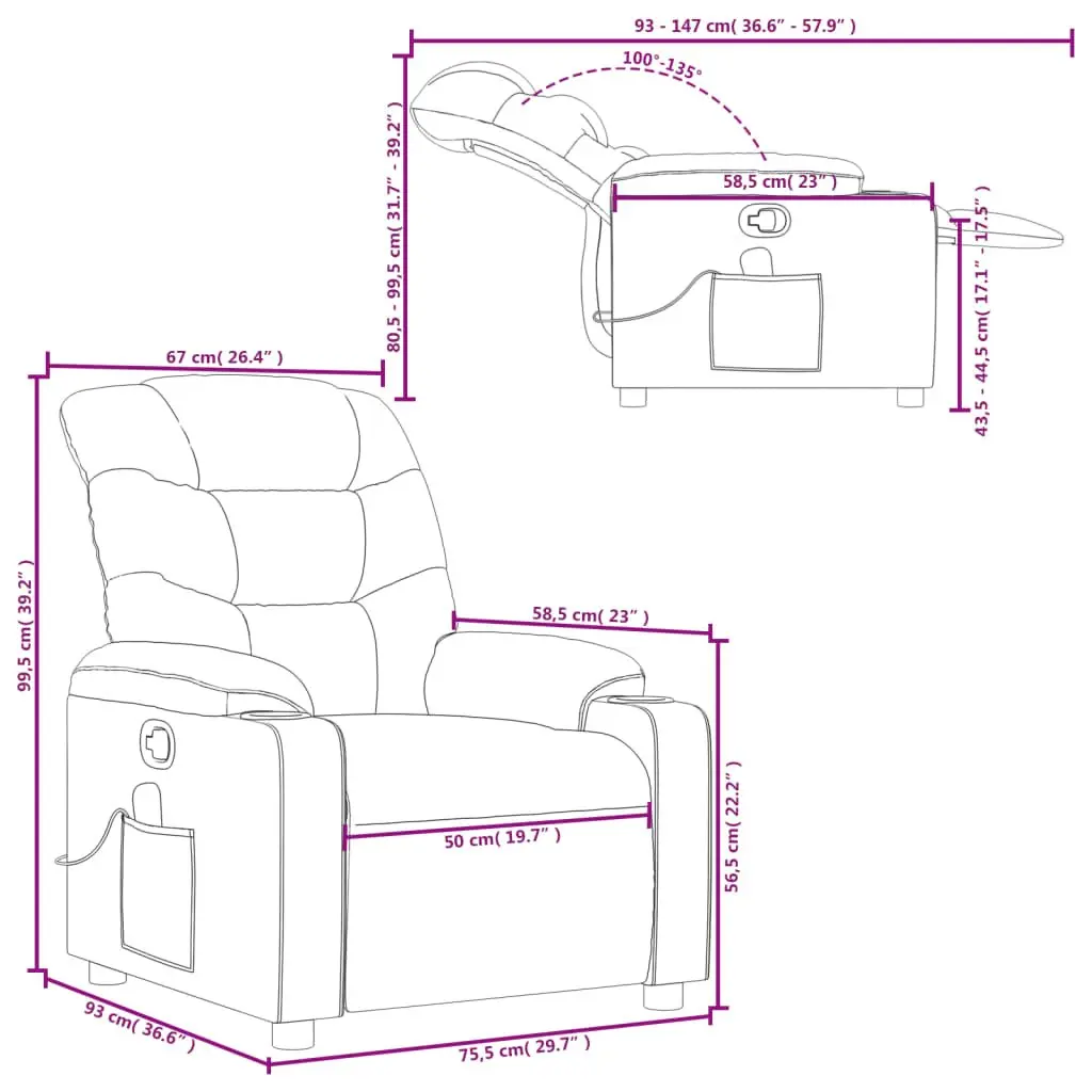 Recliner Chair Manual Recline Light Grey Fabric Armchair with 6 Massage Points and Cup Holders