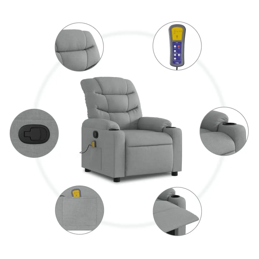 Recliner Chair Manual Recline Light Grey Fabric Armchair with 6 Massage Points and Cup Holders