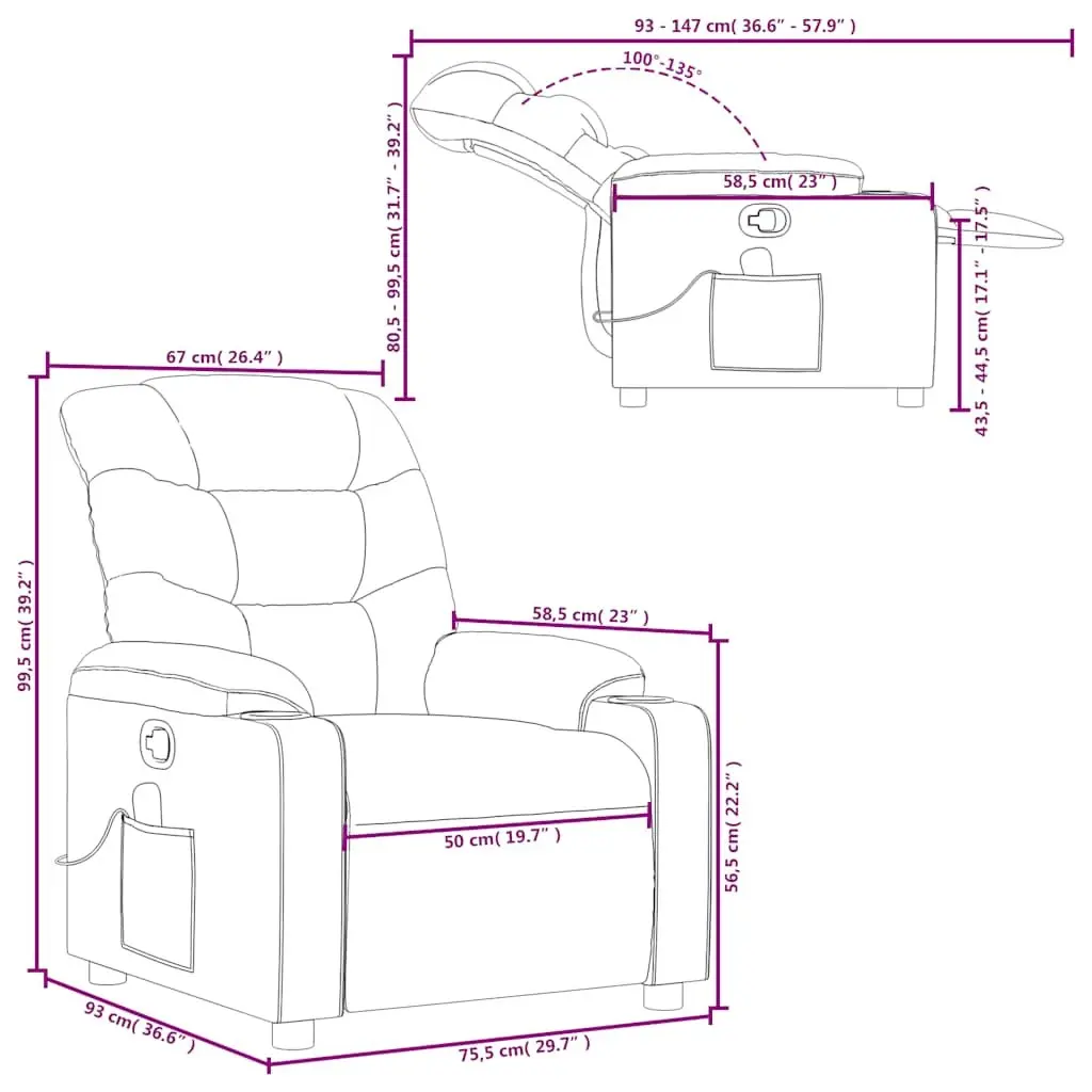 Massage Chair Fabric Grey Manual Recline Vibration Lounge Seat with Storage