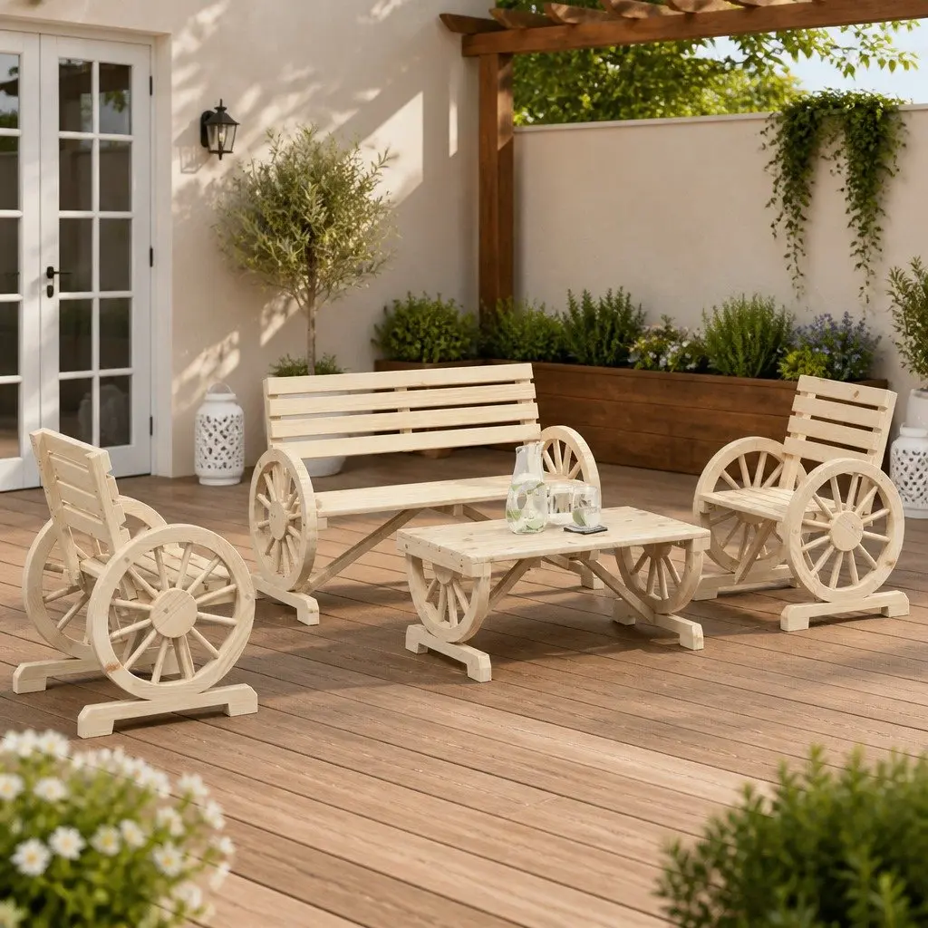 4 Piece Garden Lounge Set Adirondack Style Outdoor Furniture Brown Wooden Chair