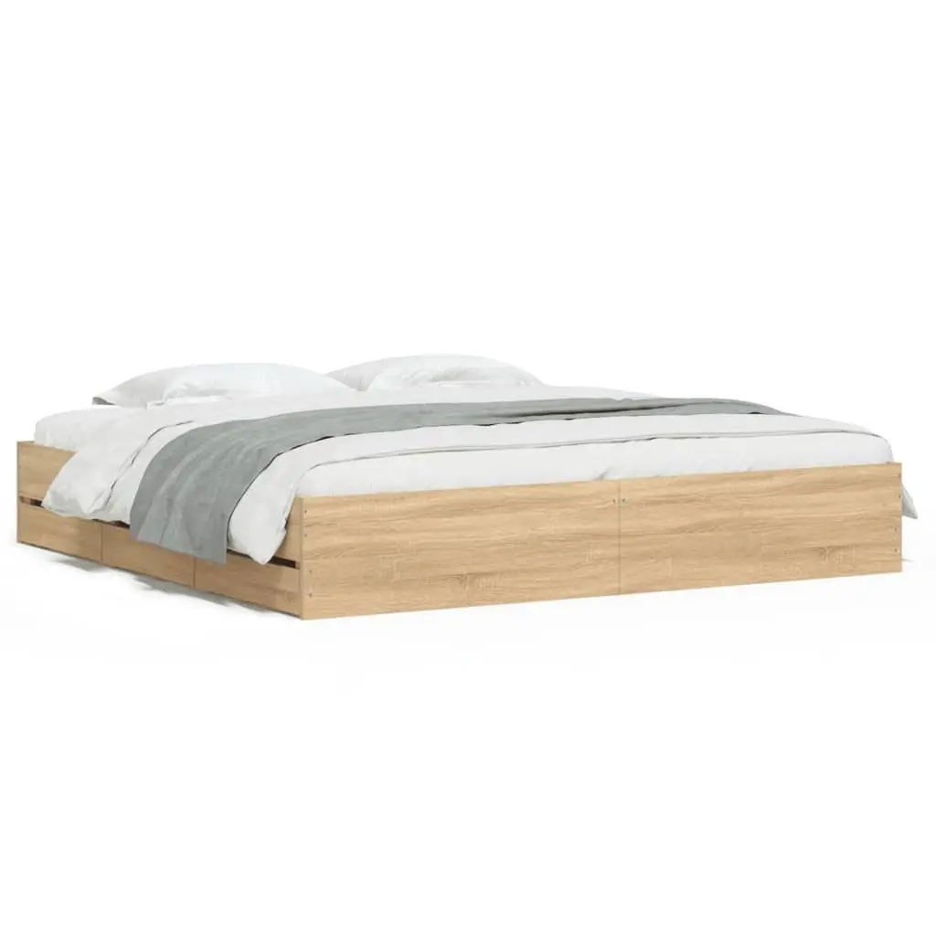 King Bed Frame Engineered Wood Storage Drawers Slatted Base 183x203cm Sonoma Oak Brown