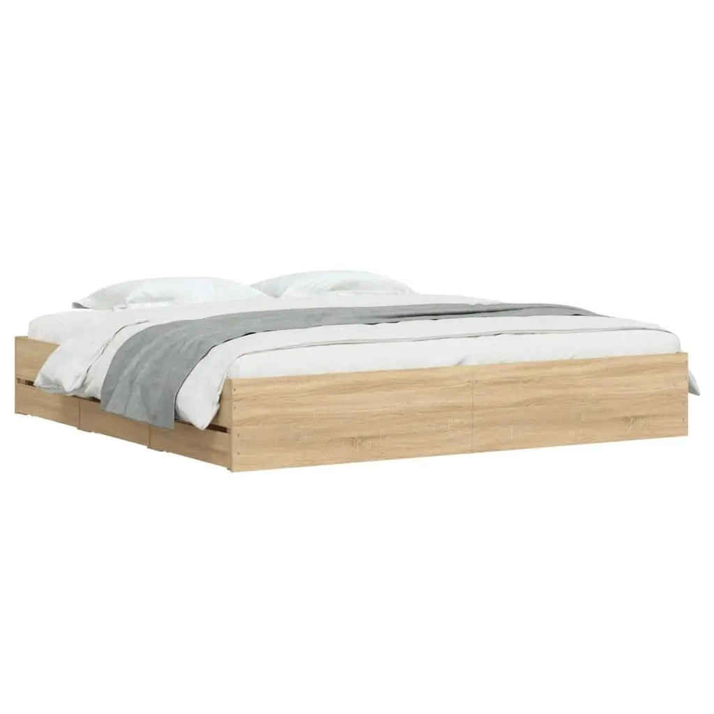 King Bed Frame Engineered Wood Storage Drawers Slatted Base 183x203cm Sonoma Oak Brown