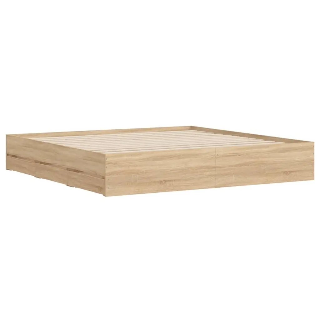 King Bed Frame Engineered Wood Storage Drawers Slatted Base 183x203cm Sonoma Oak Brown