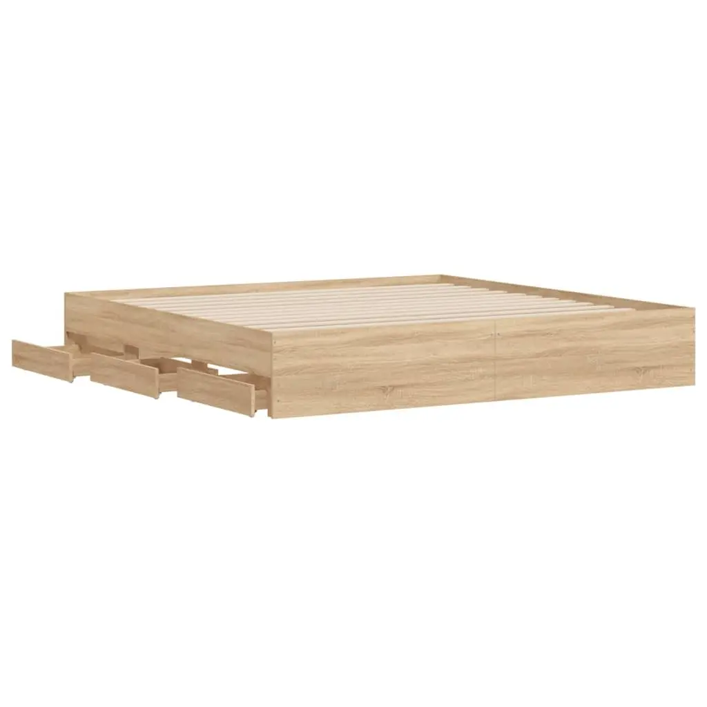 King Bed Frame Engineered Wood Storage Drawers Slatted Base 183x203cm Sonoma Oak Brown