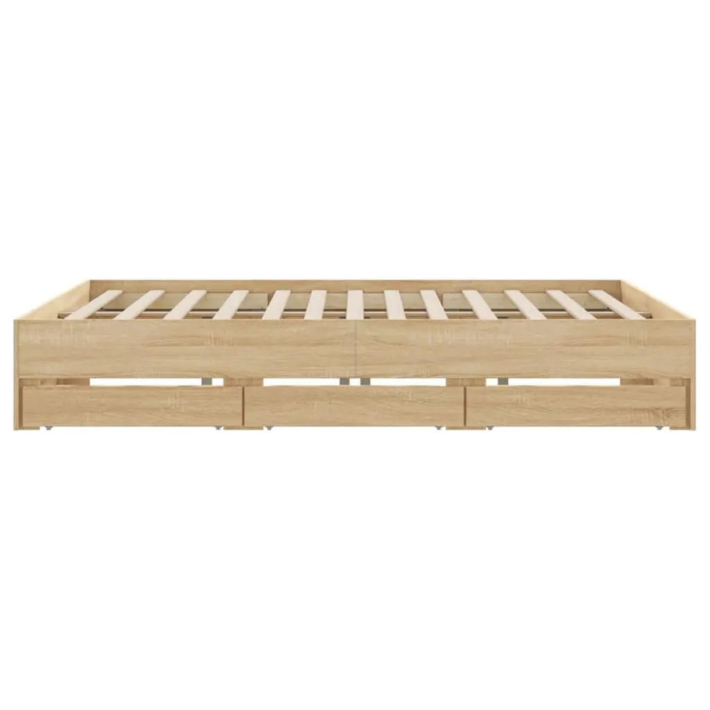 King Bed Frame Engineered Wood Storage Drawers Slatted Base 183x203cm Sonoma Oak Brown
