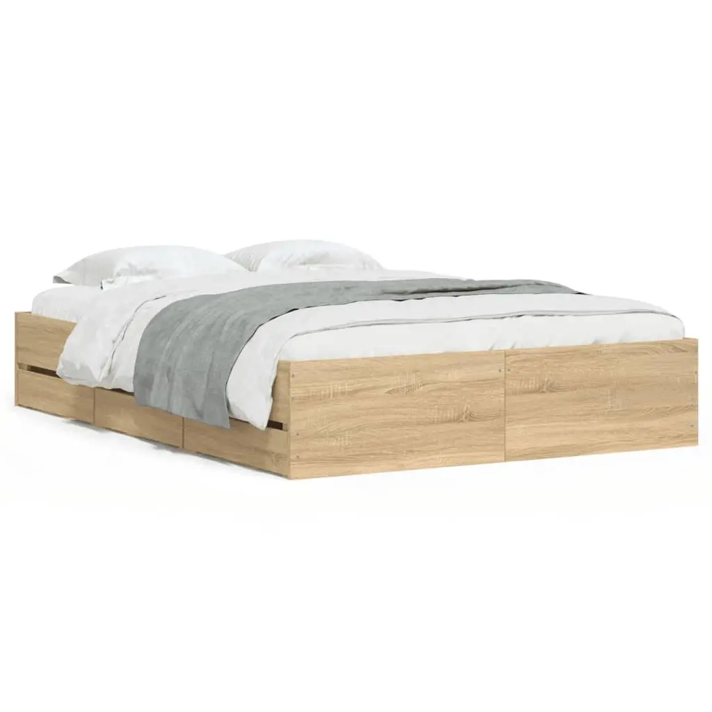 Bed Frame with Storage Drawers Brown Engineered Wood 135x190cm Bedroom Furniture