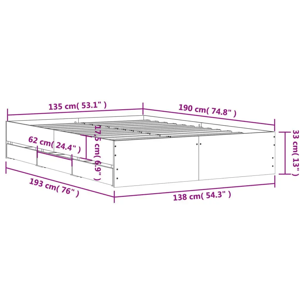 Bed Frame with Storage Drawers Brown Engineered Wood 135x190cm Bedroom Furniture