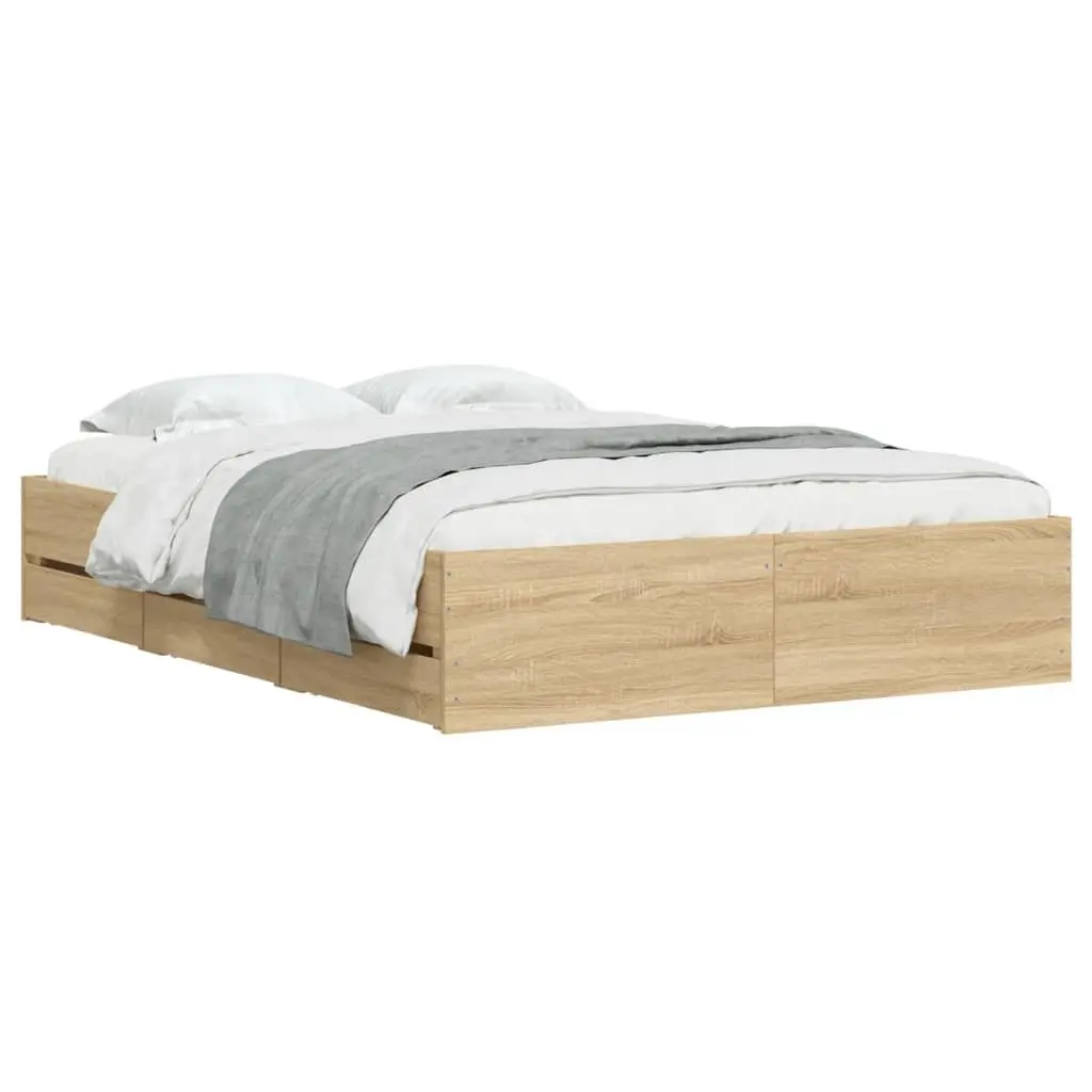 Bed Frame with Storage Drawers Brown Engineered Wood 135x190cm Bedroom Furniture