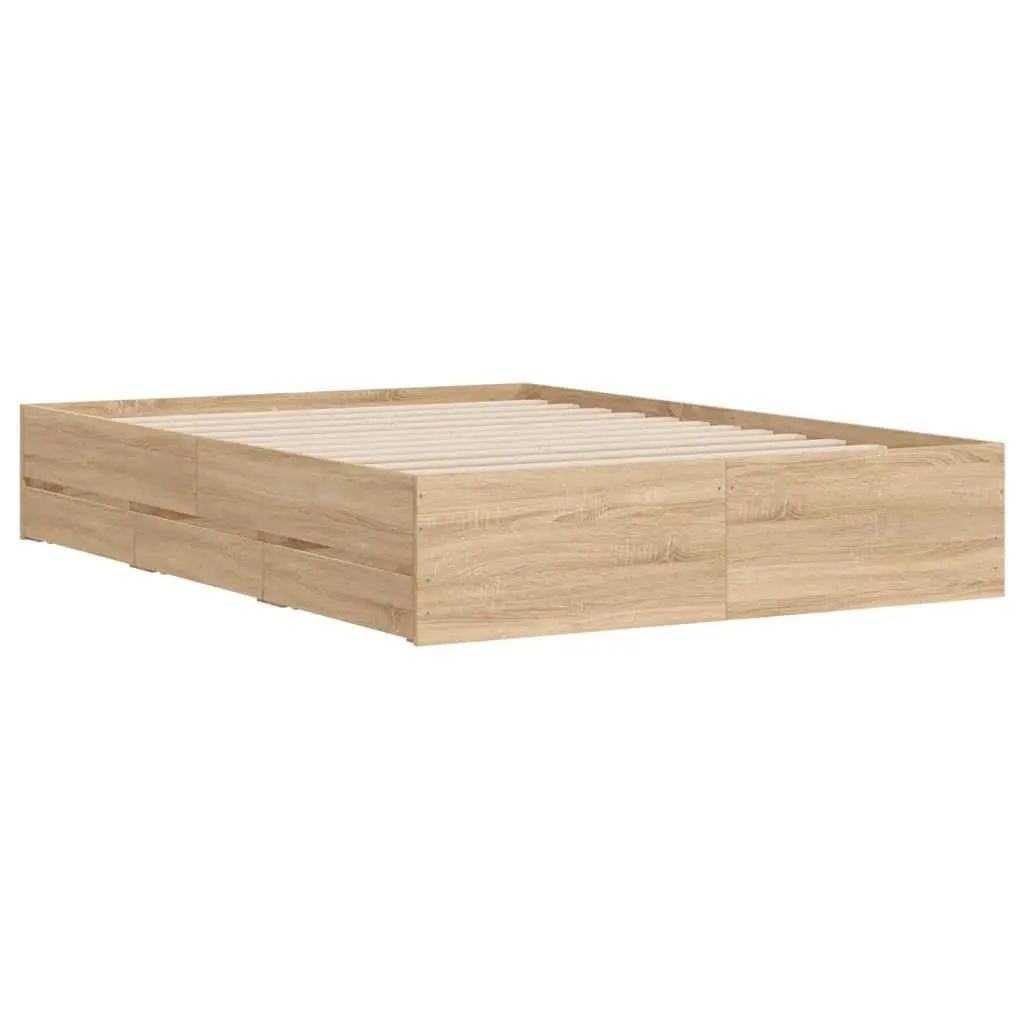 Bed Frame with Storage Drawers Brown Engineered Wood 135x190cm Bedroom Furniture