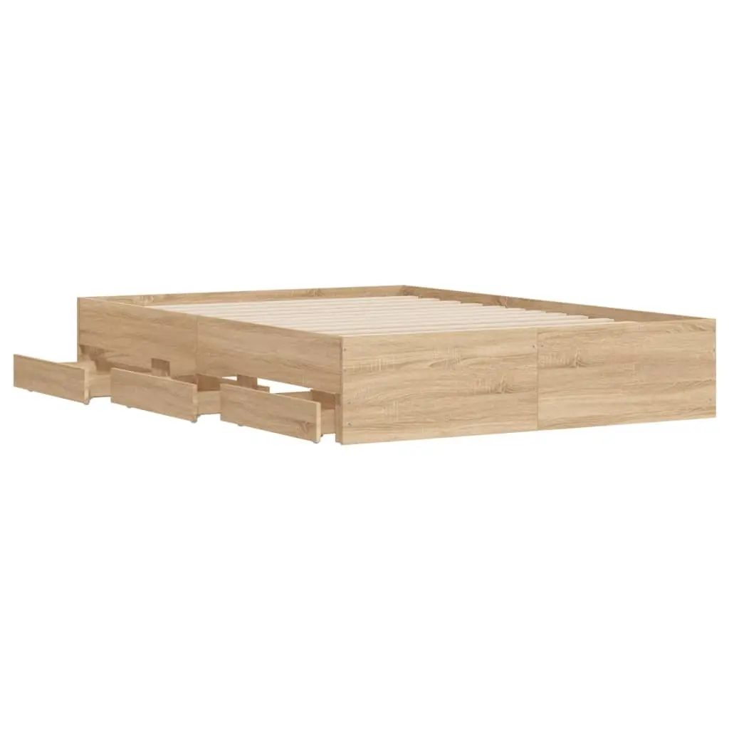 Bed Frame with Storage Drawers Brown Engineered Wood 135x190cm Bedroom Furniture