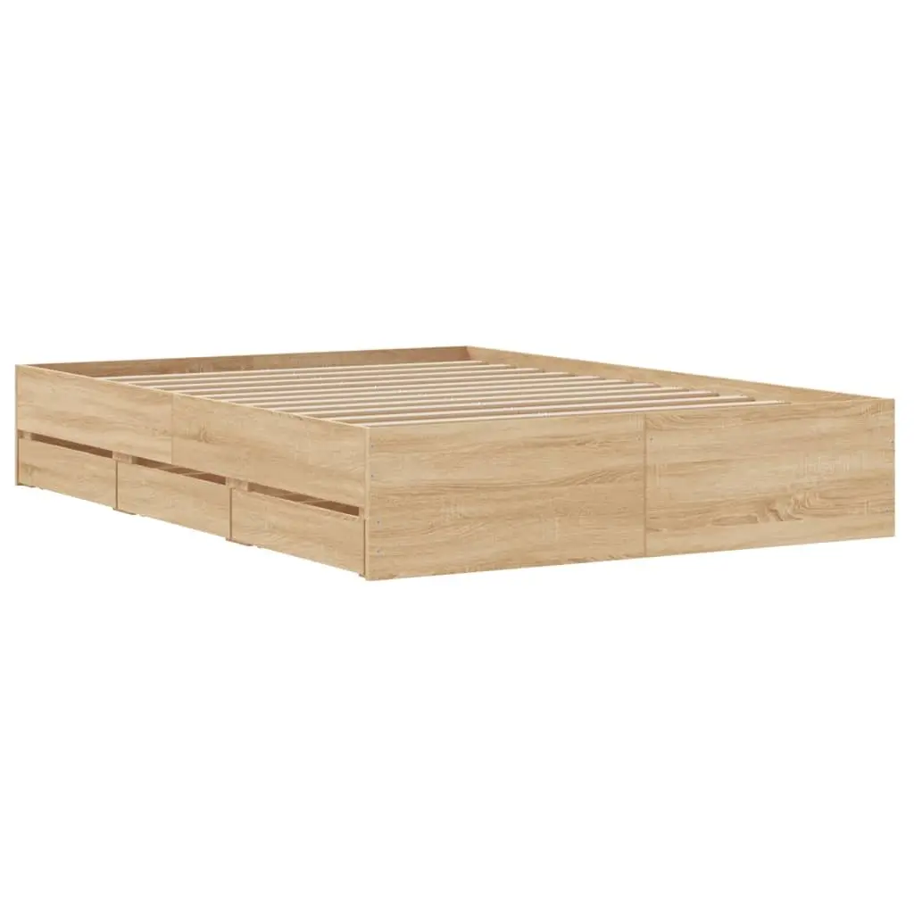 Bed Frame with Storage Drawers Brown Engineered Wood 135x190cm Bedroom Furniture