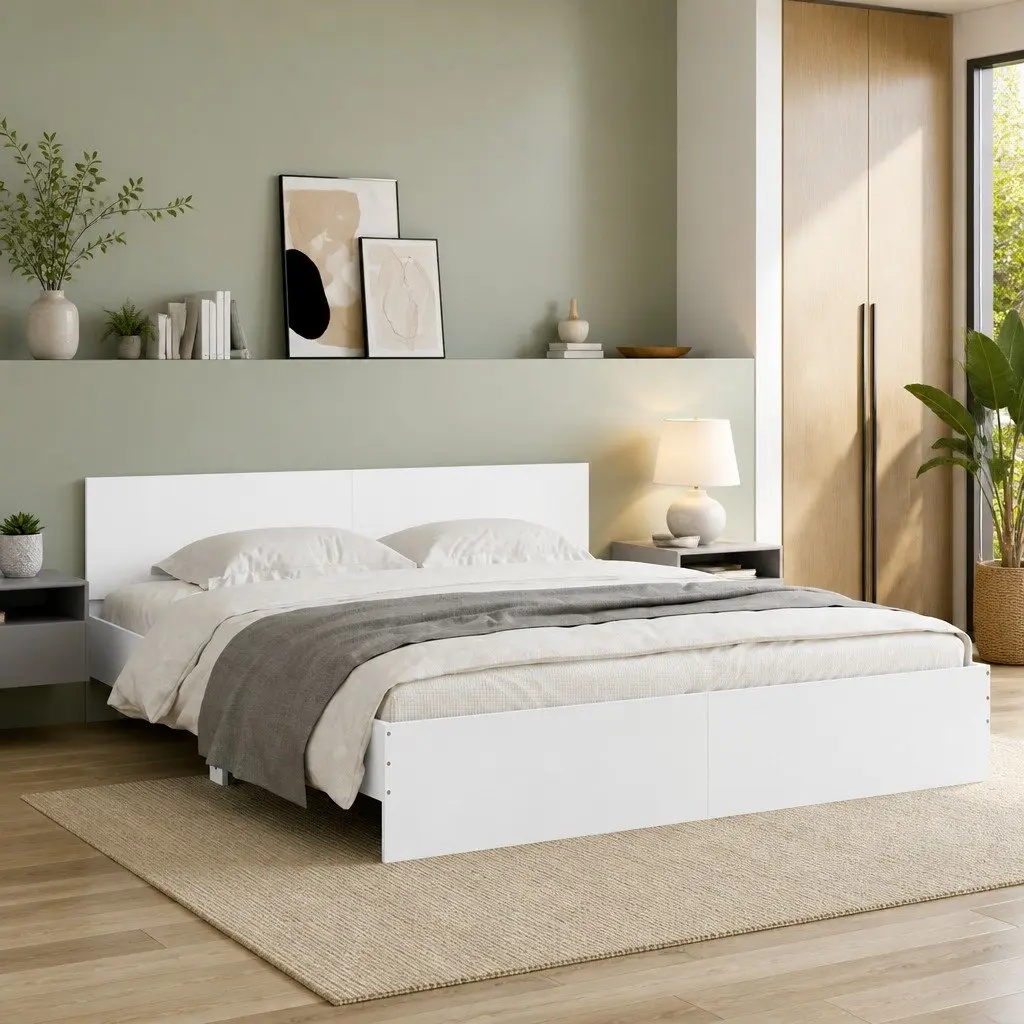White King Bed Frame Engineered Wood 183x203 cm Slatted Base with Headboard