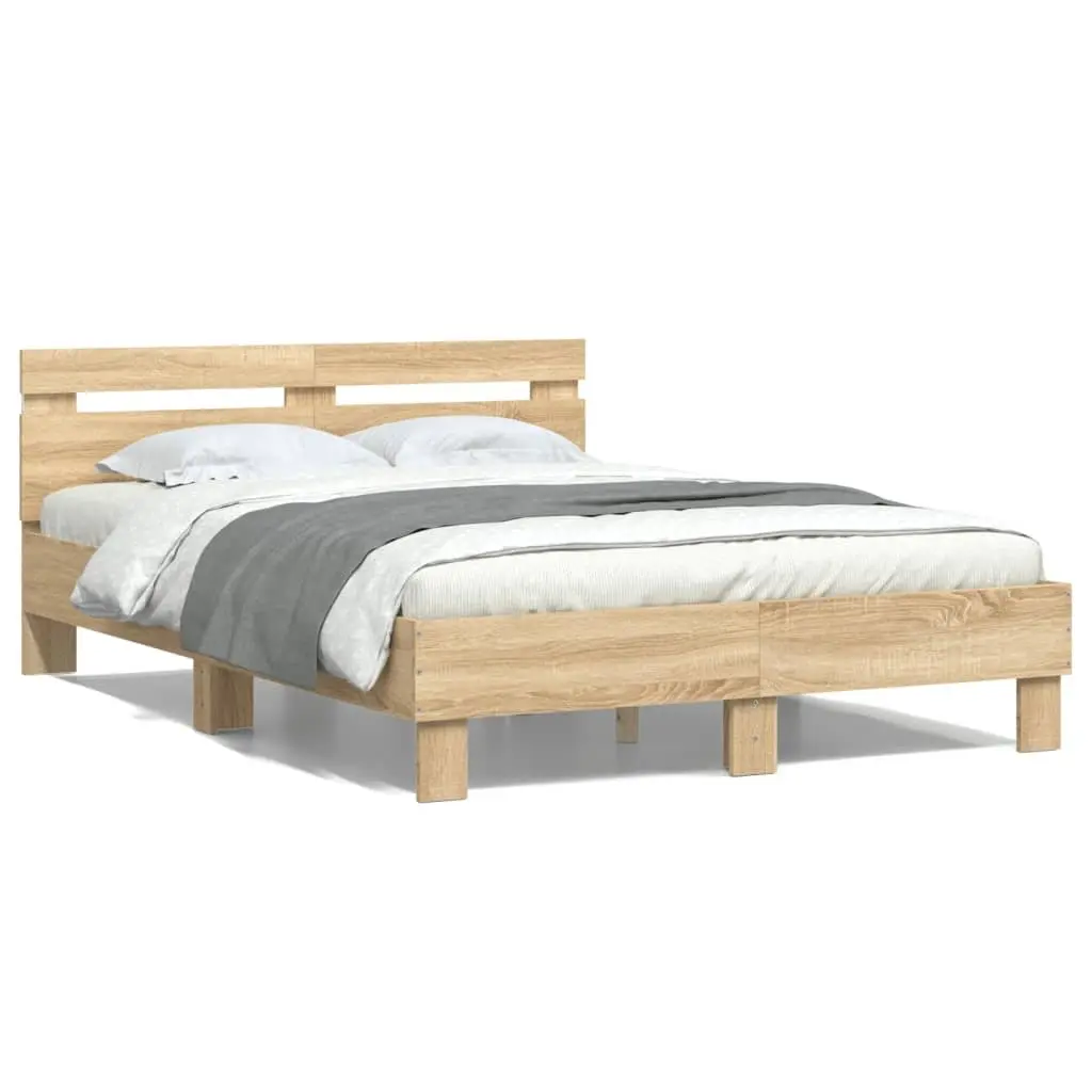 Bed Frame with RGB LED Lights Sonoma Oak Brown Bedroom Furniture 135x190cm Slats