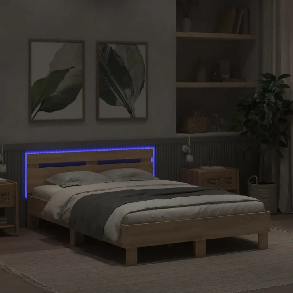 Bed Frame with RGB LED Lights Sonoma Oak Brown Bedroom Furniture 135x190cm Slats