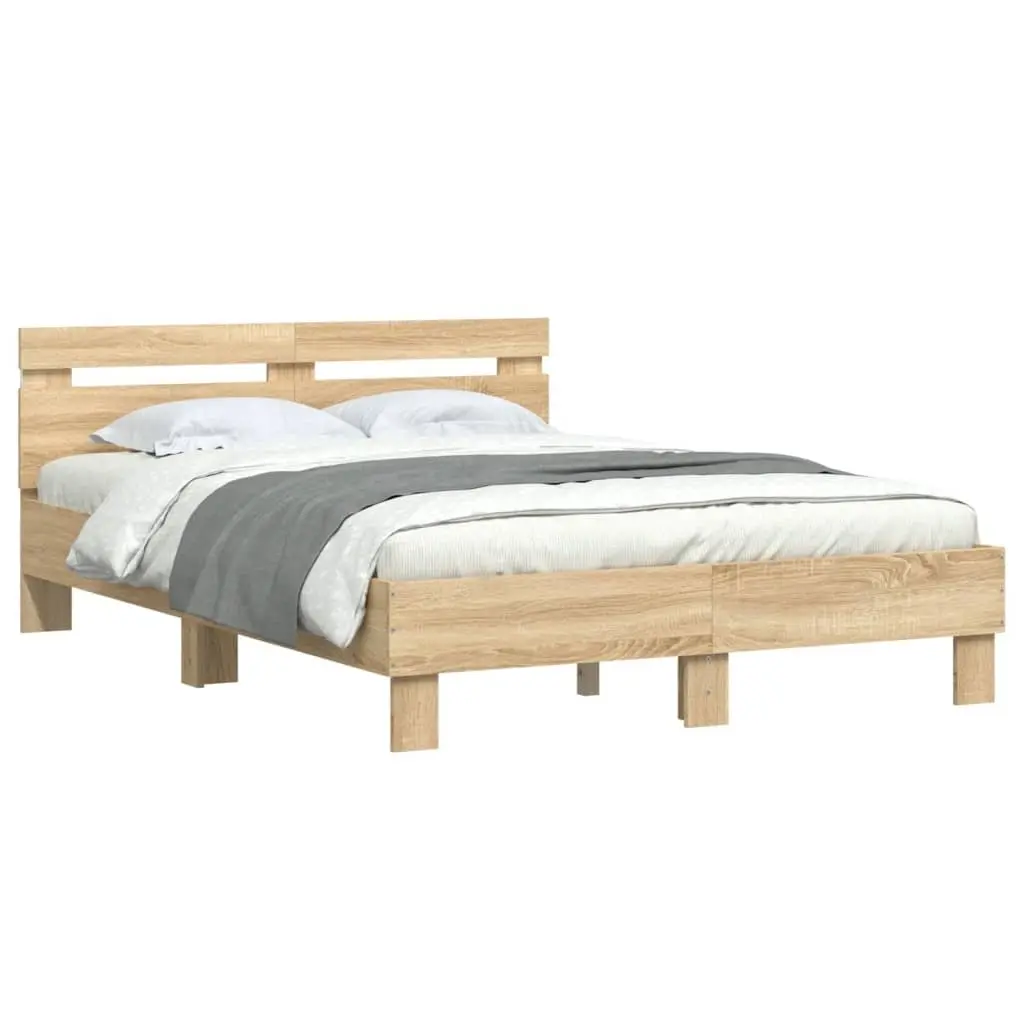 Bed Frame with RGB LED Lights Sonoma Oak Brown Bedroom Furniture 135x190cm Slats