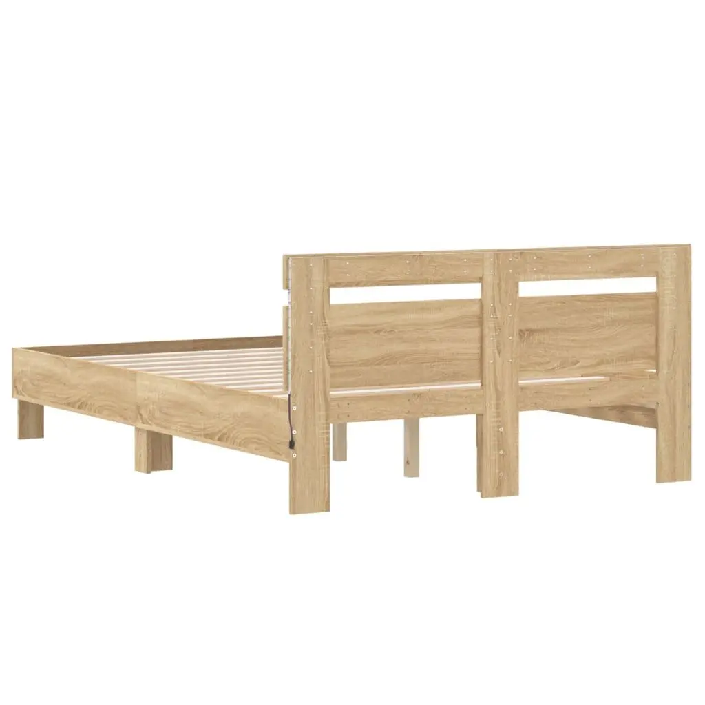 Bed Frame with RGB LED Lights Sonoma Oak Brown Bedroom Furniture 135x190cm Slats