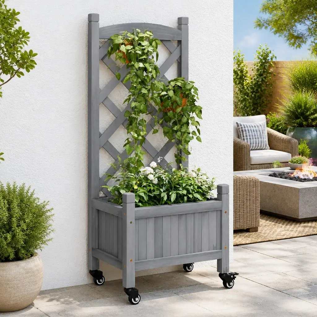Wooden Planter with Trellis Panel Wheels Grey Solid Fir Wood Outdoor Patio