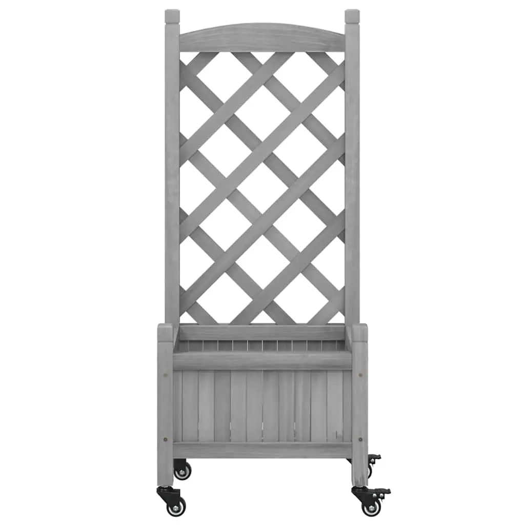 Wooden Planter with Trellis Panel Wheels Grey Solid Fir Wood Outdoor Patio