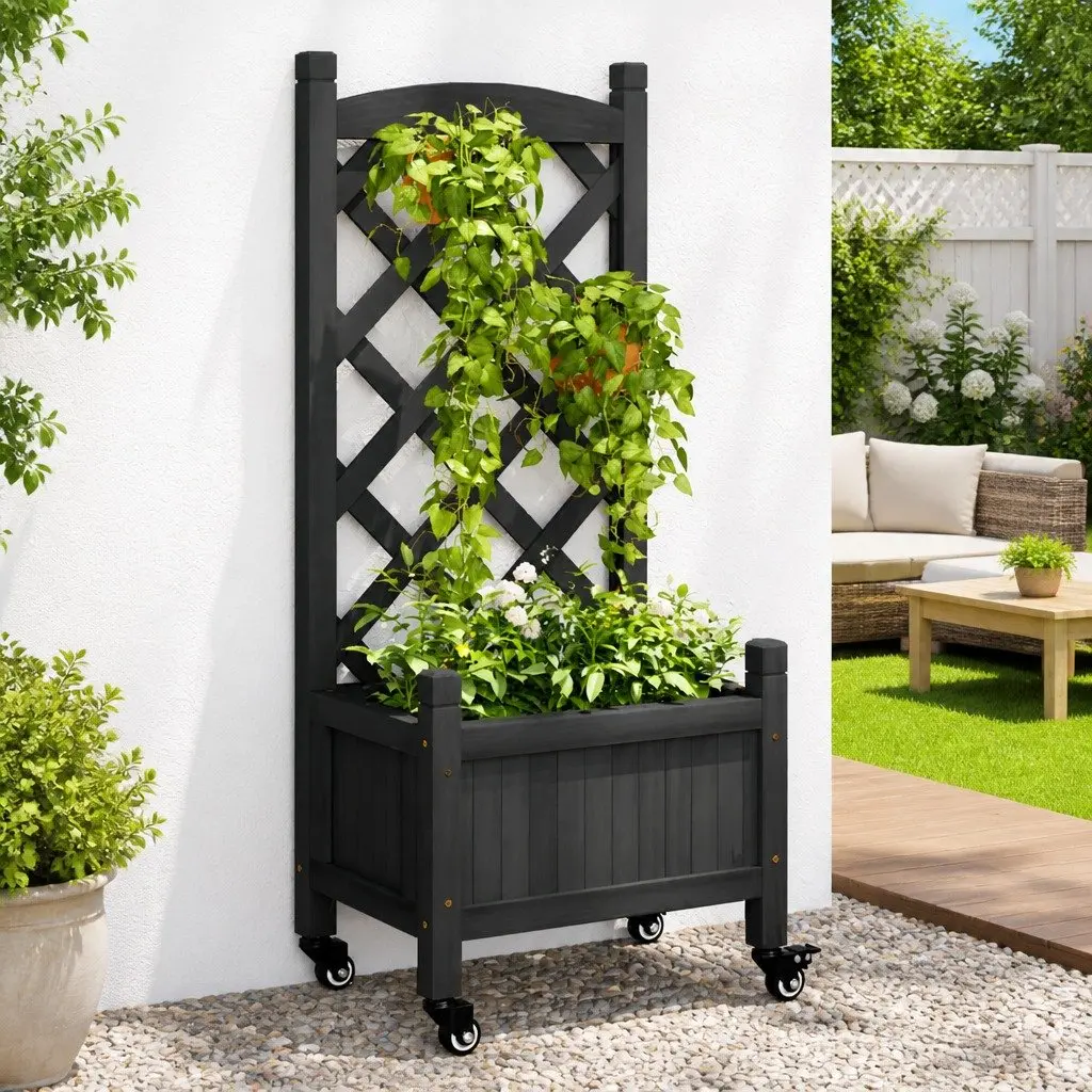 Wooden Planter with Trellis Solid Fir Wood Black Garden Outdoor