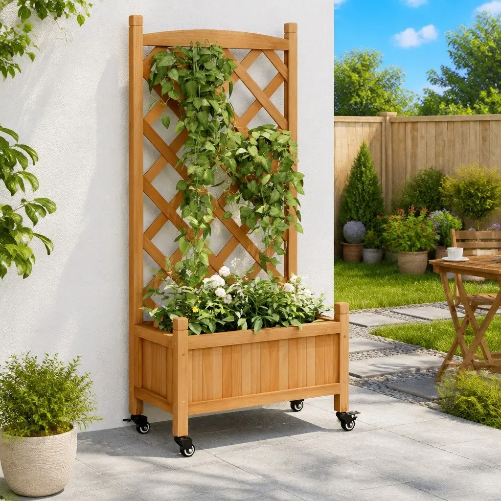 Wooden Planter with Wheels for Climbing Plants