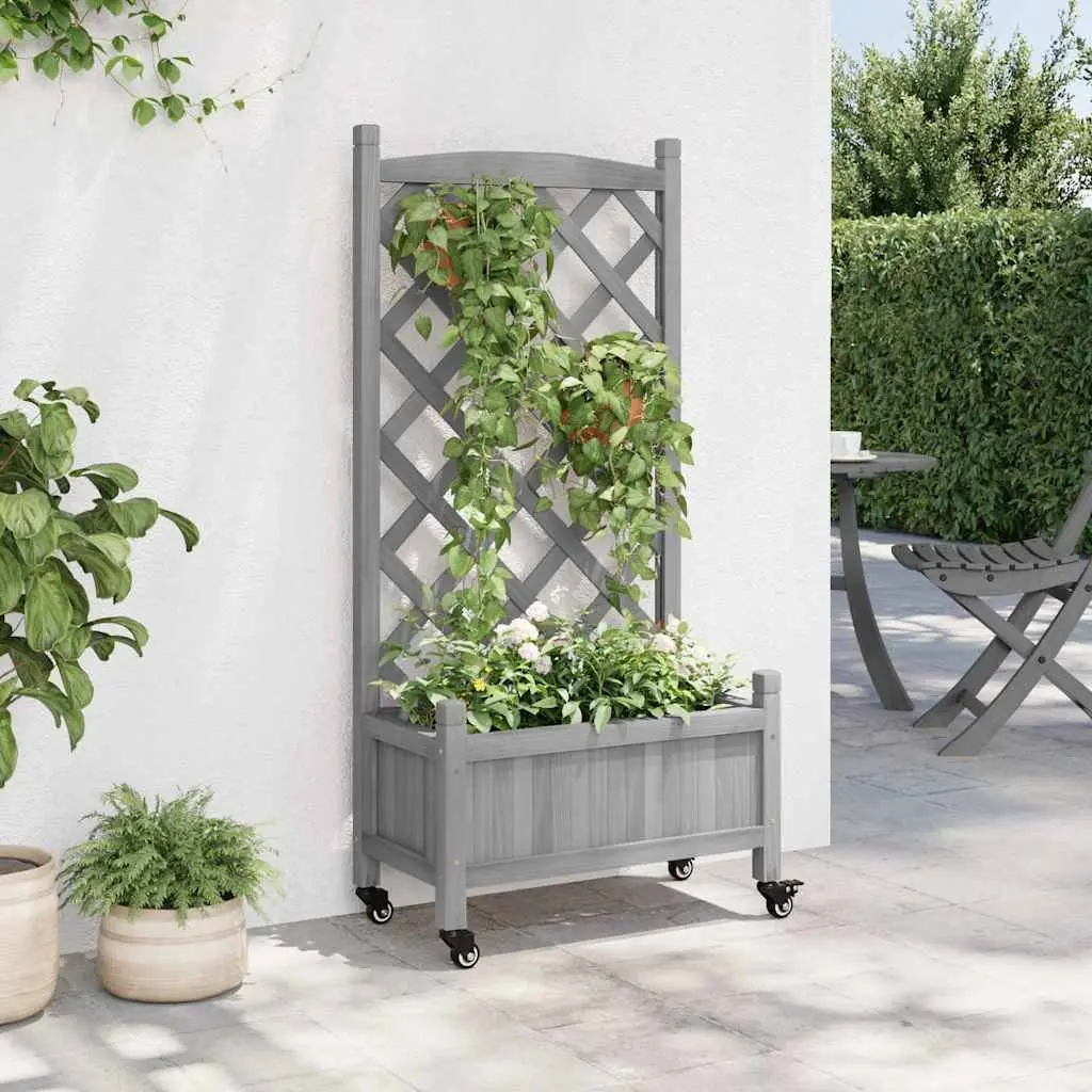 Wooden Planter with Trellis Support and Wheels Solid Fir Grey